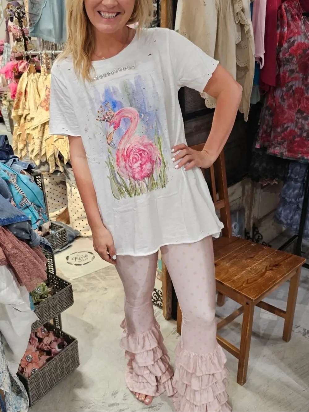 RB Pink Flamingo Crown Rose Tattered Tee